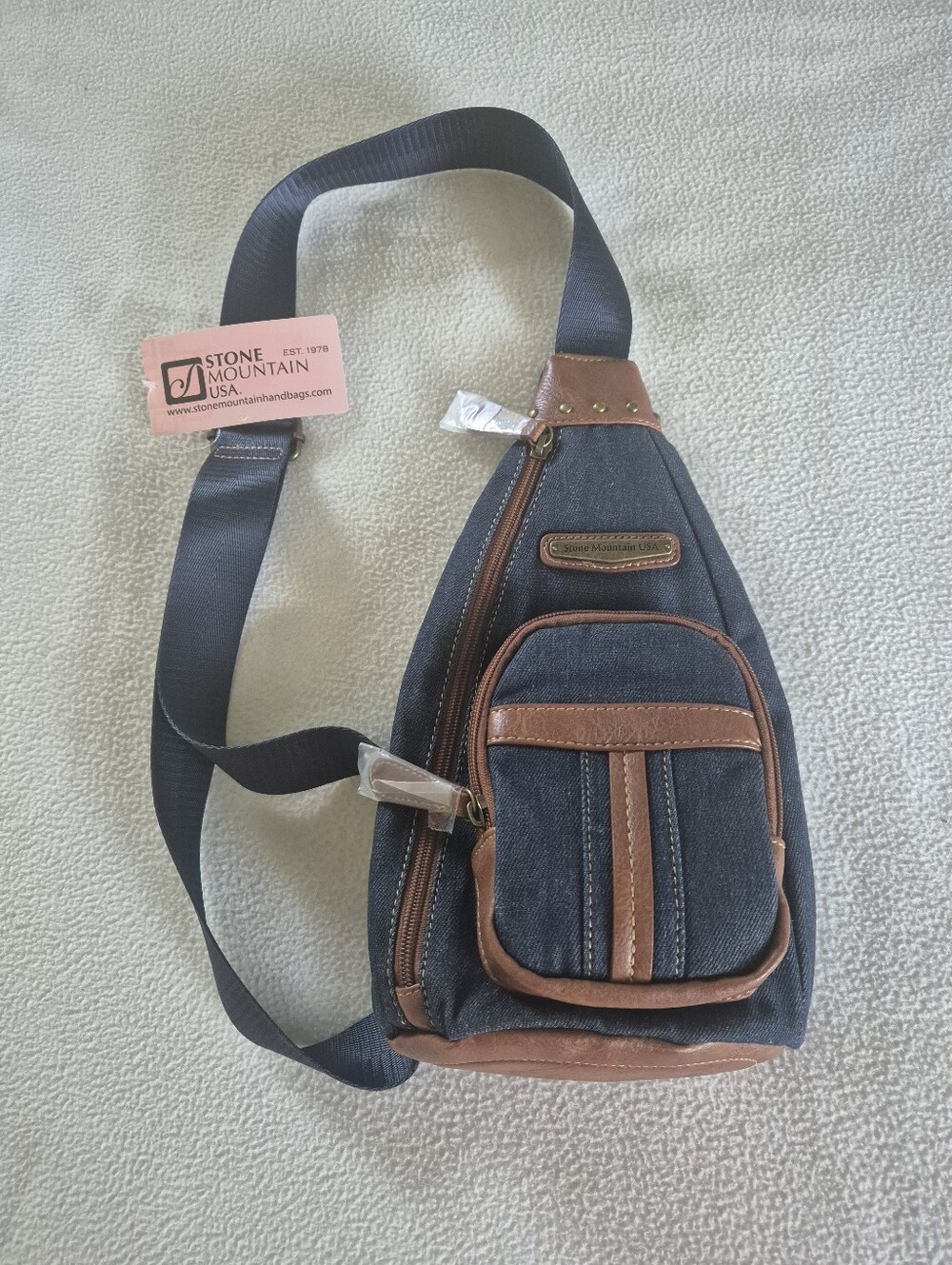 Stone Mountain Accessories Navy Denim and Brown Crossbody Sling Bag Unisex